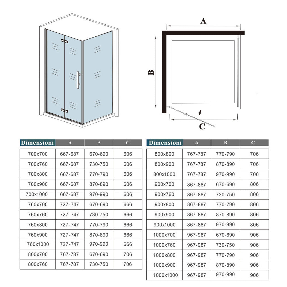 190cm Box Doccia Angolare Porta Battente Pieghevole con Parete Fissa in Vetro Temperato 5mm Anticalcare Barra Stabilizzatrice da 90cm Nera Opaca
