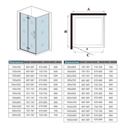 190cm Box Doccia Angolare Porta Battente Pieghevole con Parete Fissa in Vetro Temperato 5mm Anticalcare Barra Stabilizzatrice da 90cm Nera Opaca