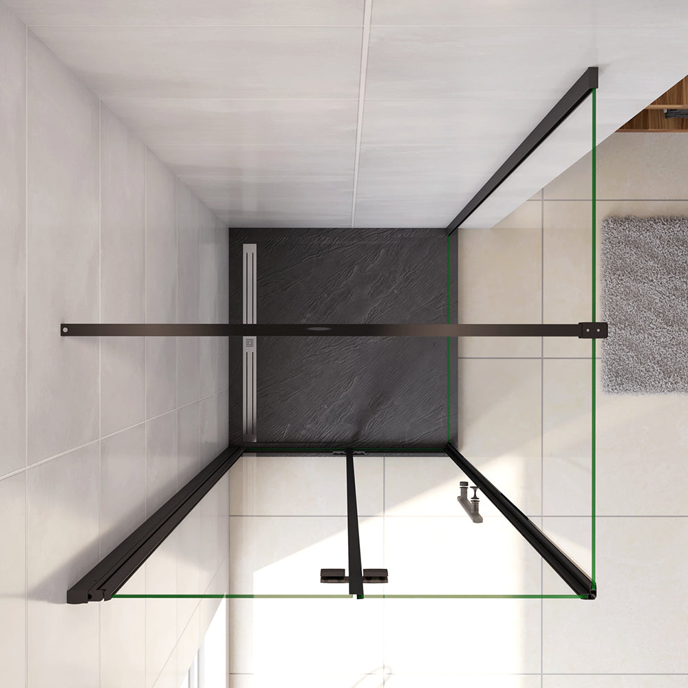 190cm Box Doccia Angolare Porta Battente Pieghevole con Parete Fissa in Vetro Temperato 5 mm Anticalcare Barra da 90 cm Nera Opaca Piatto Doccia incluso