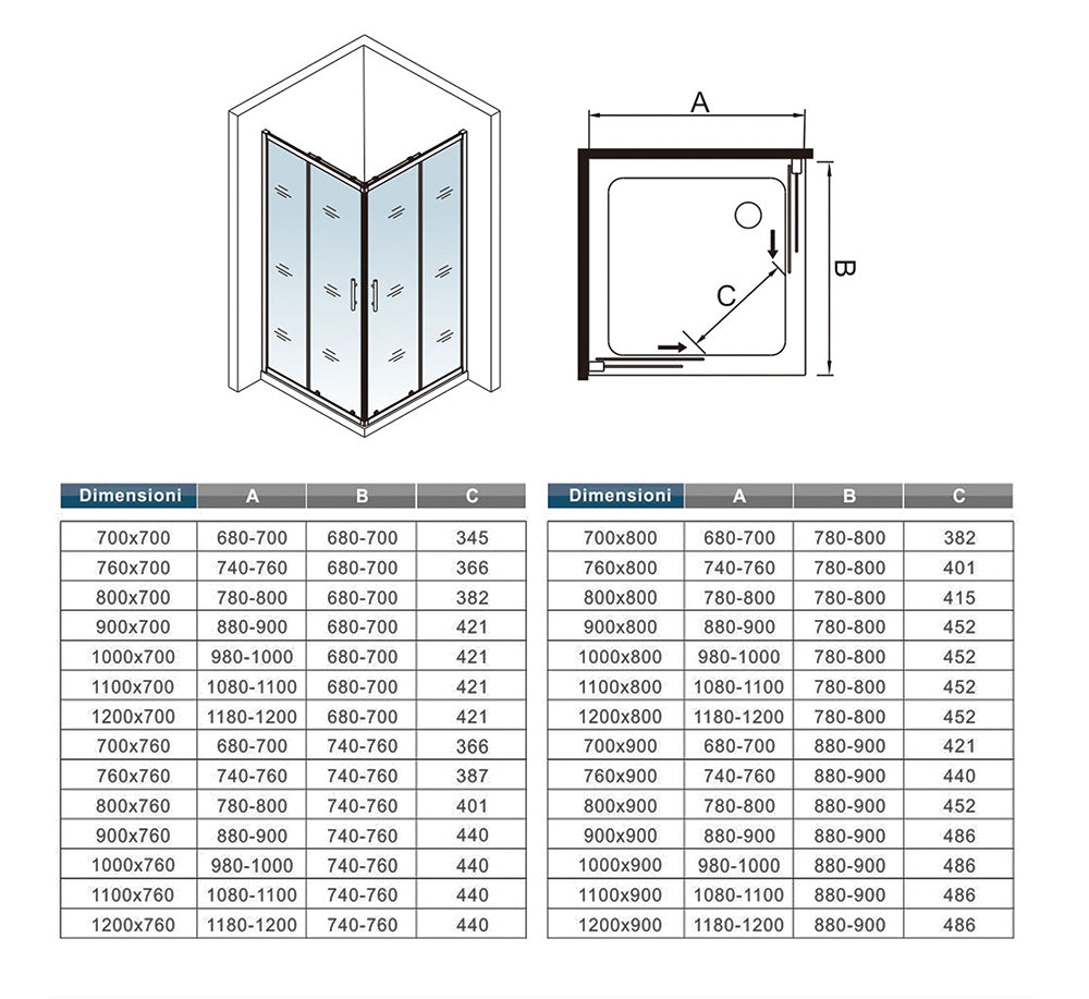 Box Doccia Angolare Porte Scorrevoli Vetro 6mm Temperato Trasparente Anticalcare Profilo Nero Opaco Piatto Doccia incluso