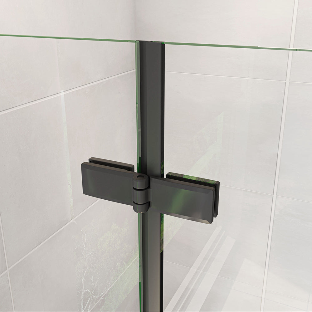 Box Doccia Angolare Porte Battente e Pieghevoli Vetro 5mm Temperato Trasparente Anticalcare Profilo Nero Opaco Piatto Doccia incluso