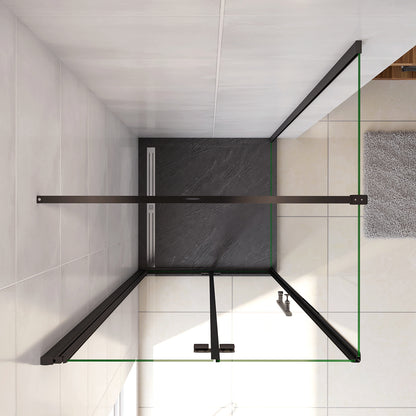 190cm Box Doccia Angolare Porta Battente Pieghevole con Parete Fissa in Vetro Temperato 5mm Anticalcare Barra Stabilizzatrice da 90cm Nera Opaca