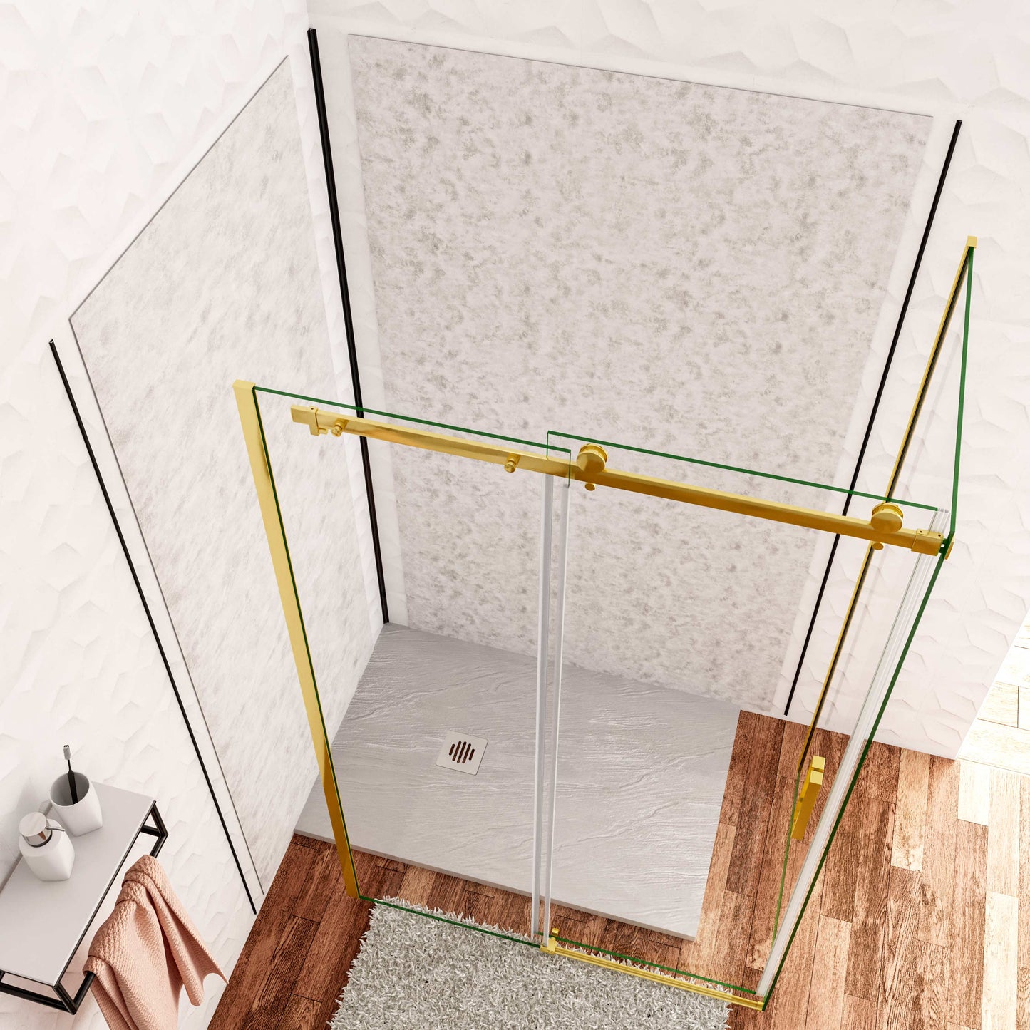 Box Doccia Angolare H.195 cm Porta Scorrevole con Parete Fissa Vetro 8 mm Temperato Anticalcare Trasparente Telaio Cromo Dorato