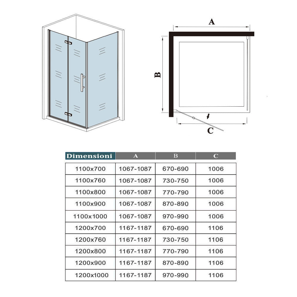 190cm Box Doccia Angolare Porta Battente Pieghevole con Parete Fissa in Vetro Temperato 5mm Anticalcare Barra Stabilizzatrice da 90cm Nera Opaca
