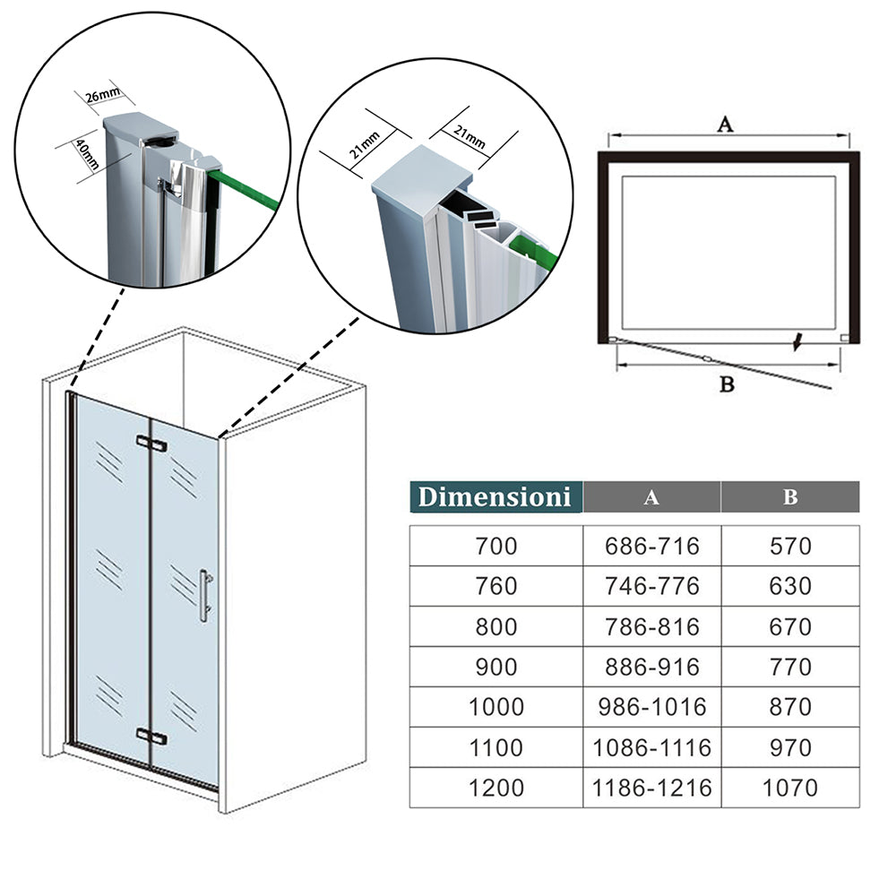 Porta Doccia per Nicchia Battente Pieghevole in Vetro Temperato Trasparente 5mm Anticalcare Telaio Nero Opaco Piatto Doccia incluso