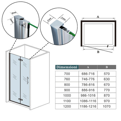 Porta Doccia per Nicchia Battente Pieghevole in Vetro Temperato Trasparente 5mm Anticalcare Telaio Nero Opaco Piatto Doccia incluso