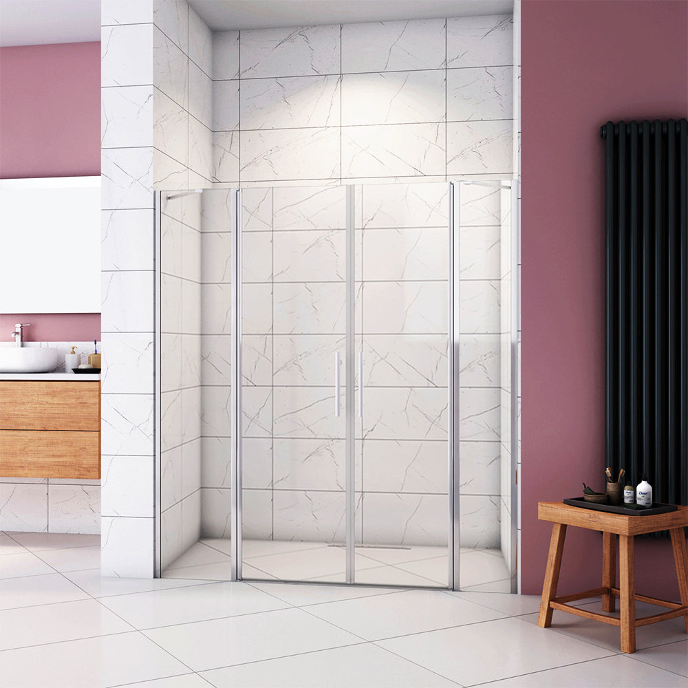 Aica Box Doccia per Nicchia 195 cm Doppia Porta Battente Saloon 2 Pannelli Fissi con Barra Stabilizzatrice Vetro Temperato 6 mm Anticalcare
