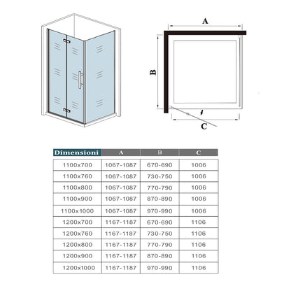 190cm Box Doccia Angolare Porta Battente Pieghevole con Parete Fissa in Vetro Temperato 5 mm Anticalcare Barra da 90 cm Nera Opaca Piatto Doccia incluso