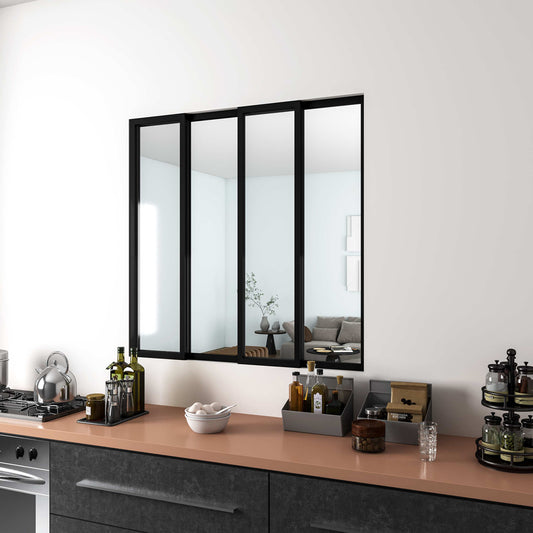 Vetrata Scorrevole Interna 123x108 cm in Vetro Temperato 4 Lastre Corniciate Profilo Nero Opaco Divisorio da Casa