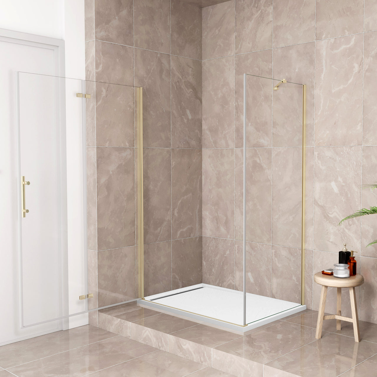 185 cm Box Doccia Angolare Porta Battente Pieghevole Parete Fissa Vetro Temperato 6 mm Anticalcare Barra Stabilizzatrice da 45 cm Dorato Spazzolato