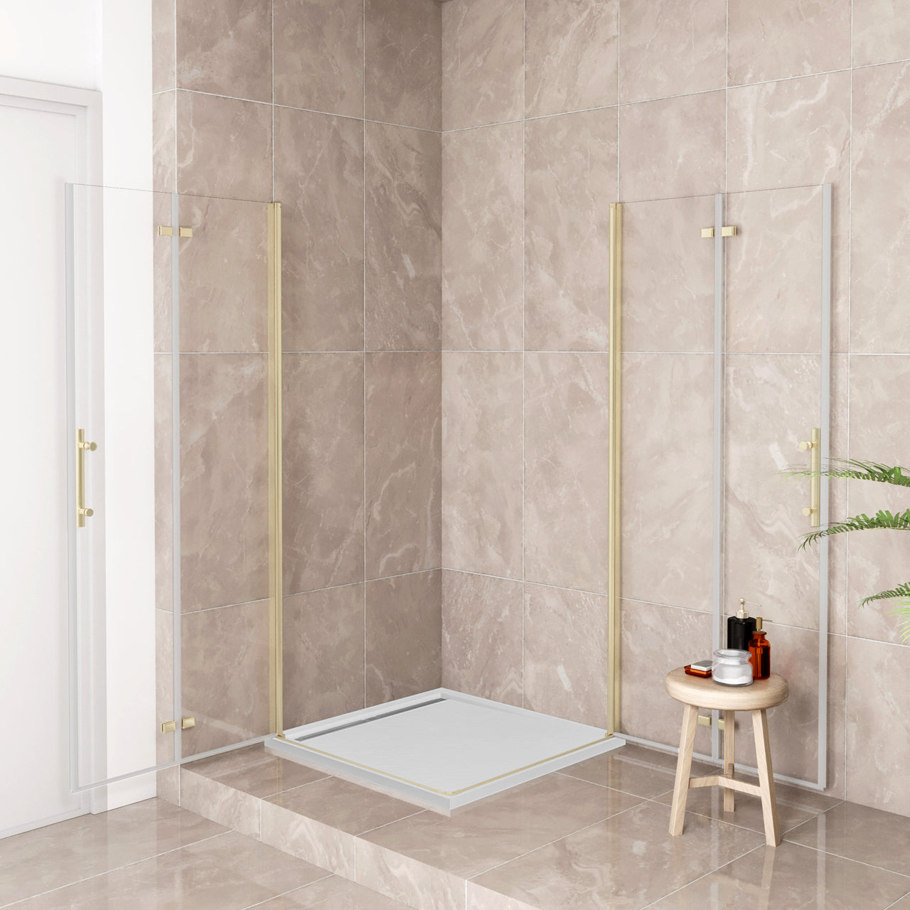 185cm Box Doccia Angolare Doppia Porta Battente Pieghevole Vetro Temperato Trasparente 6 mm Anticalcare Telaio Dorato Spazzolato