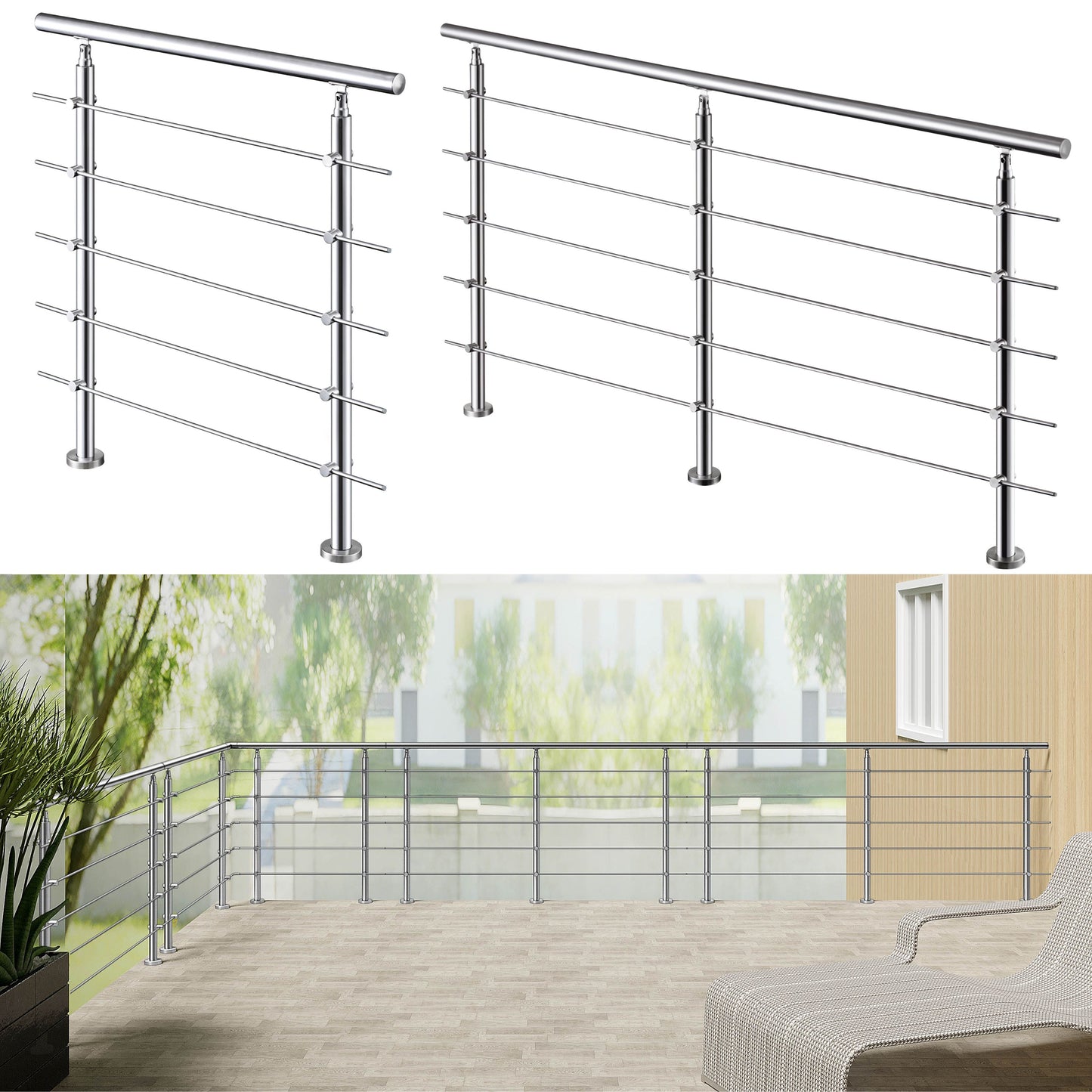 Ringhiera universale in acciaio inox 80-100-120-150-180-200-220-240 cm con 5 barre trasversali