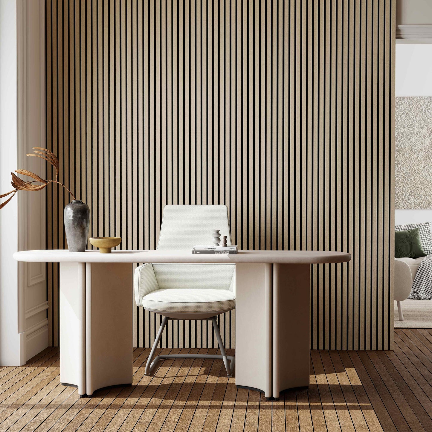 Set di 2/3 pannelli decorativi fonoassorbenti in legno MDF, 260 cm × 30 cm, Sp 21 mm, Color rovere naturale/chiaro/scuro/noce/grigio chiaro (Copy)#Color rovere chiaro