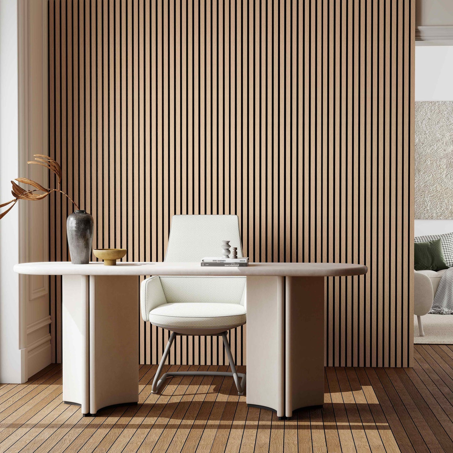Set di 2/3 pannelli decorativi fonoassorbenti in legno MDF, 260 cm × 30 cm, Sp 21 mm, Color rovere naturale/chiaro/scuro/noce/grigio chiaro (Copy)#Color rovere scuro