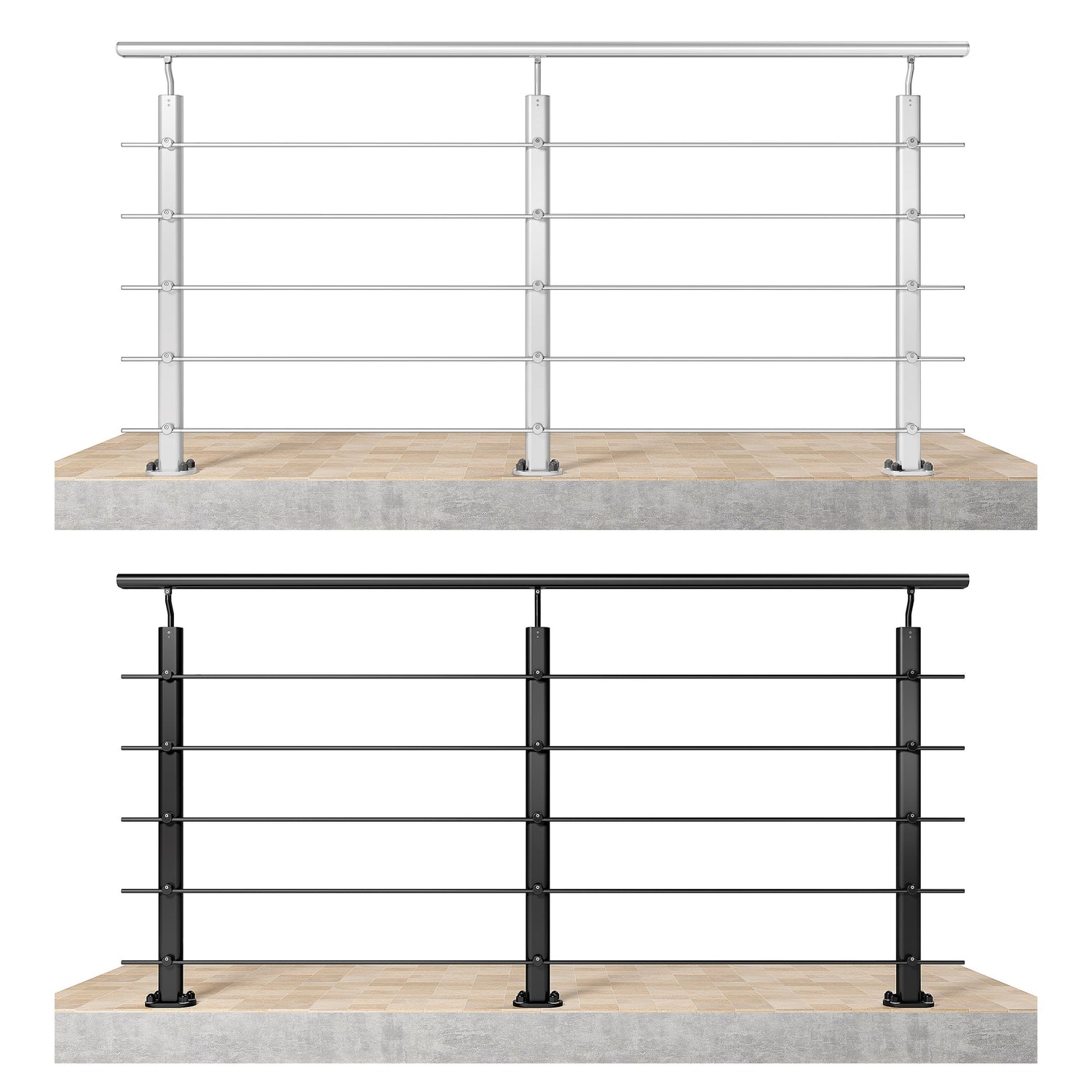 Ringhiera Parapetto in Alluminio Argento o Nero Opaco — Disponibile in 3 Misure: L. 100/150/200 cm — Montaggio a Pavimento per Interni ed Esterni