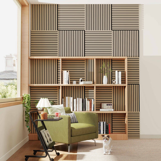 Set di 4 pannelli decorativi fonoassorbenti in legno MDF, 60 cm × 60 cm, Sp 21 mm, Color rovere chiaro/scuro#Color rovere chiaro