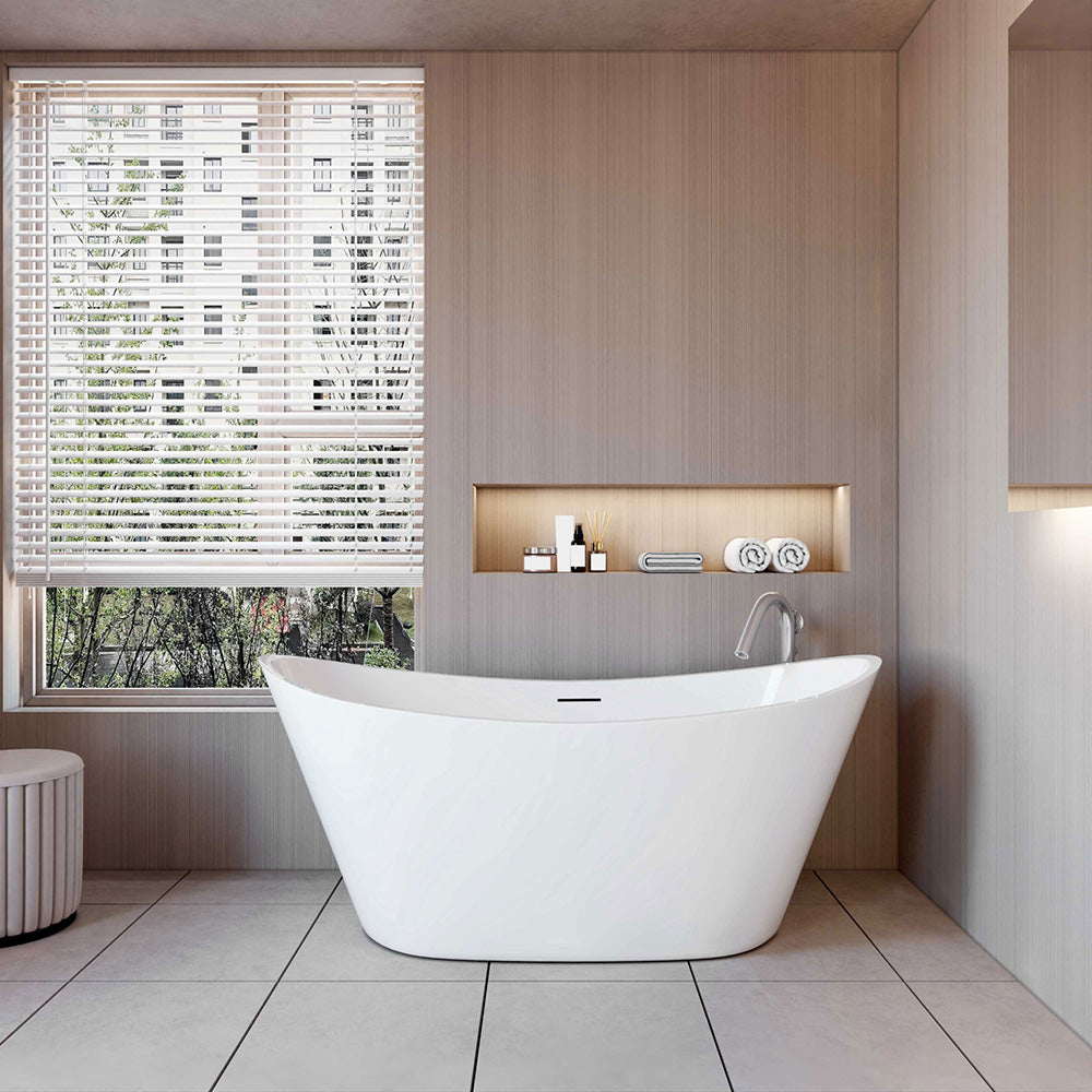Vasca da Bagno a Isola Freestanding in Acrilico da 150x72x65 cm, Colore Bianco, Forma di Barca Ovale - Consegna gratuita