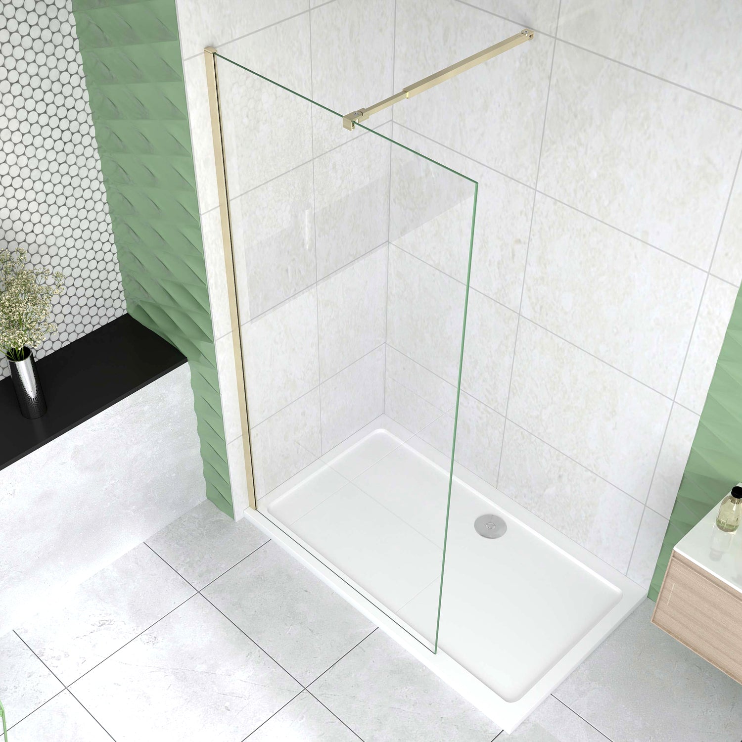 Box Doccia Walk In 50-120x200 cm Parete Fissa Vetro 8/10 mm Trasparente Anticalcare Oro Spazzolato con Barra Stabilizzatrice 73-120 cm