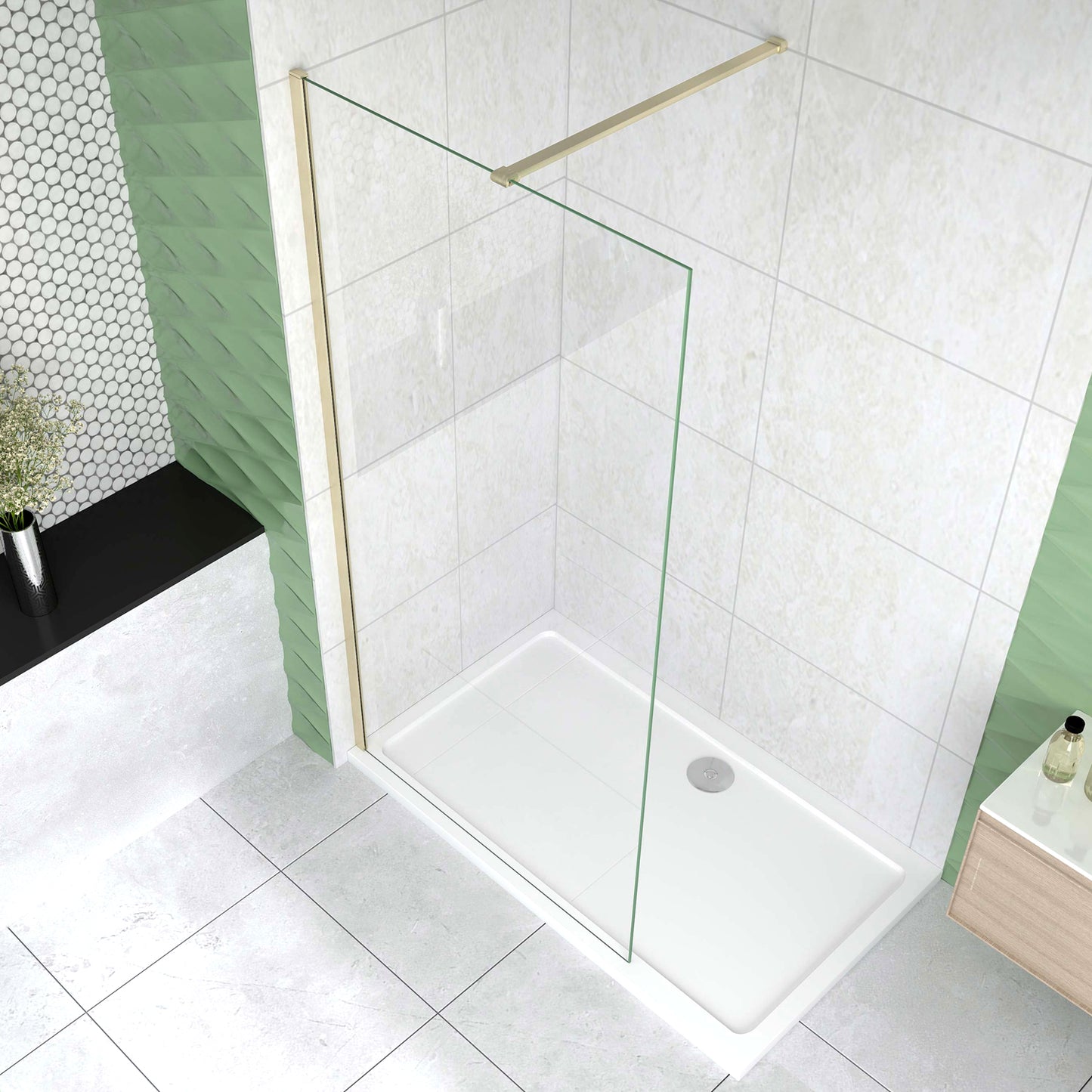 Box Doccia Walk In 40-120×200 cm Parete Fissa Vetro 8 mm Trasparente Anticalcare Oro Spazzolato Barra Piatta Stabilizzatrice 90 cm
