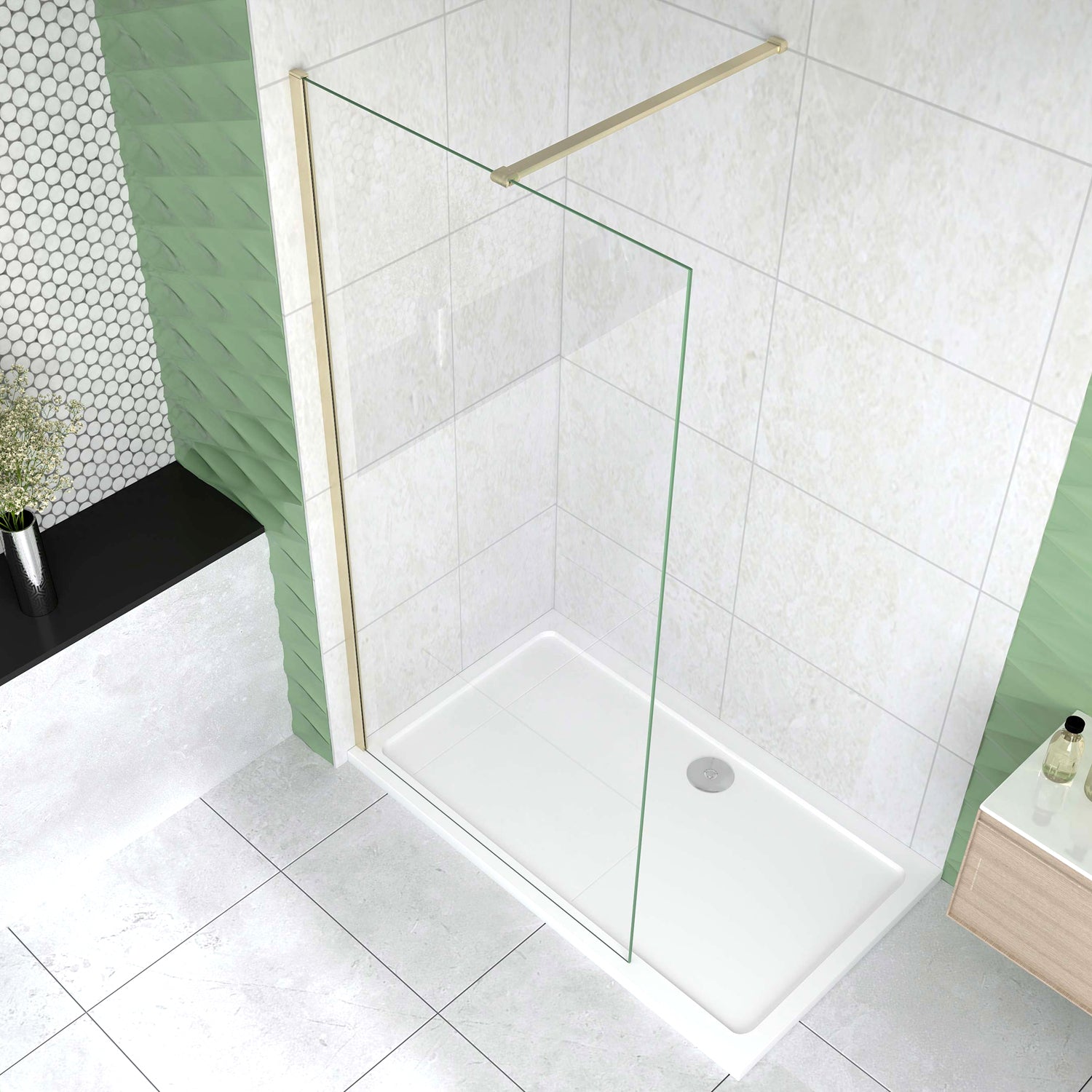 Box Doccia Walk In 40-120×200 cm Parete Fissa Vetro 8 mm Trasparente Anticalcare Oro Spazzolato Barra Piatta Stabilizzatrice 90 cm