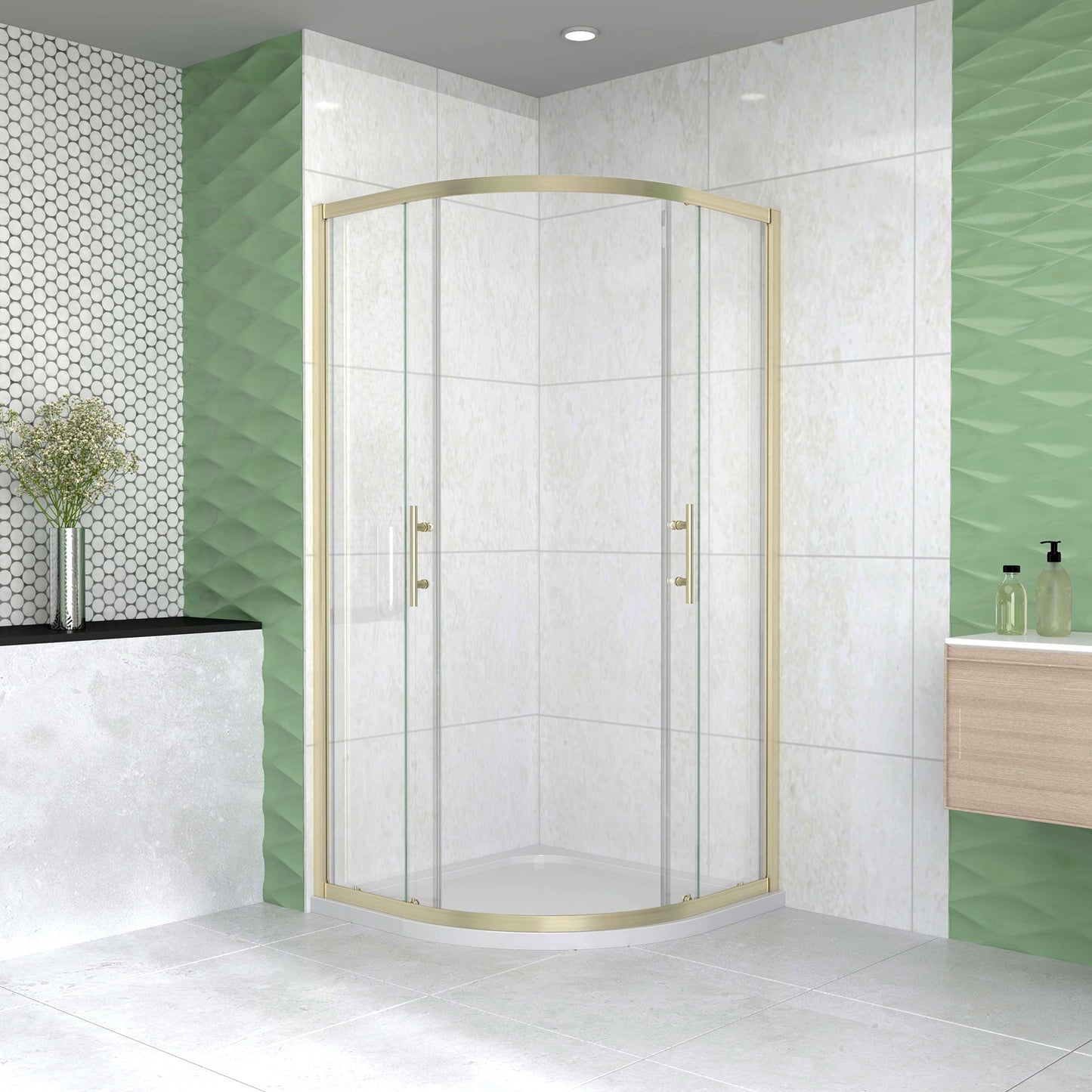 Box Doccia Semicircolare 80-90X80-90 cm H.190 Oro Spazzolato Porta Scorrevole Vetro 6 mm Trasparente Anticalcare, Piatto Doccia Bianco