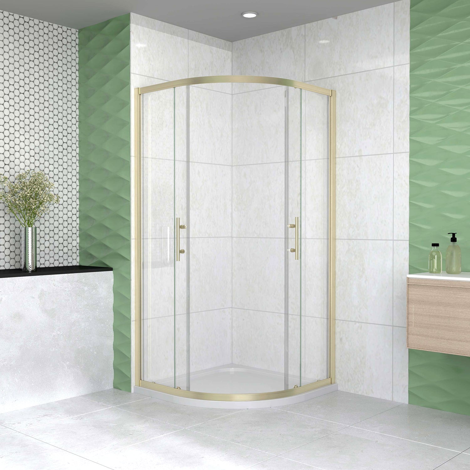Box Doccia Semicircolare 80-90X80-90 cm H.190 Oro Spazzolato Porta Scorrevole Vetro 6 mm Trasparente Anticalcare, Piatto Doccia Bianco