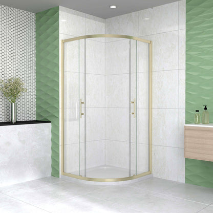 Box Doccia Semicircolare 80-90X80-90 cm H.190 Oro Spazzolato Porta Scorrevole Vetro 6 mm Trasparente Anticalcare, Piatto Doccia Bianco