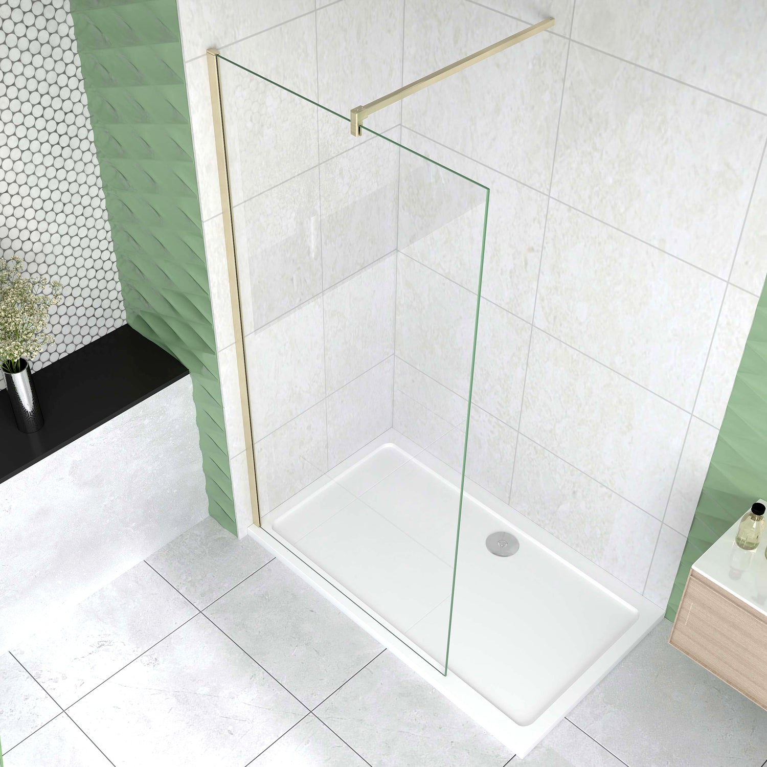 Box Doccia Walk In 50-120x200 cm Parete Fissa Vetro 8/10 mm Trasparente Anticalcare Oro Spazzolato Barra Stabilizzatrice 140 cm