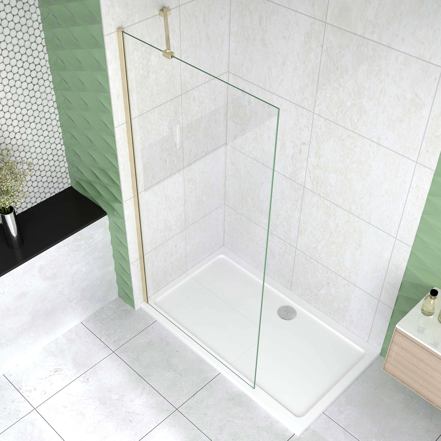 Box Doccia Walk In 40-120x200 cm Parete Fissa Vetro 8 mm Trasparente Anticalcare Oro Spazzolato Barra Stabilizzatrice 45 cm Snodabile