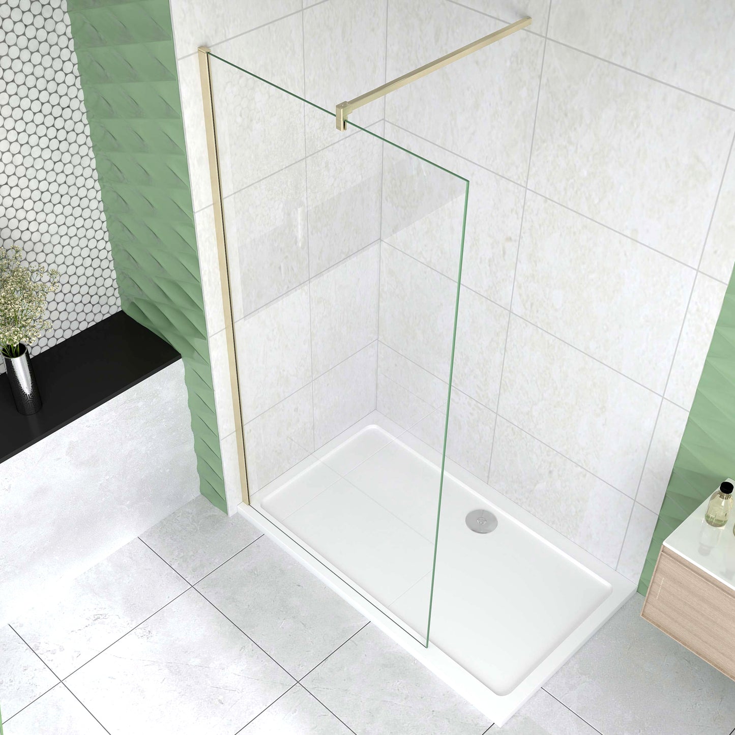 Box Doccia Walk In 40-50-60-70-80-85-90-100-110-120x200 cm Parete Fissa Vetro 8/10 mm Trasparente Anticalcare Oro Spazzolato Barra Stabilizzatrice 90 cm