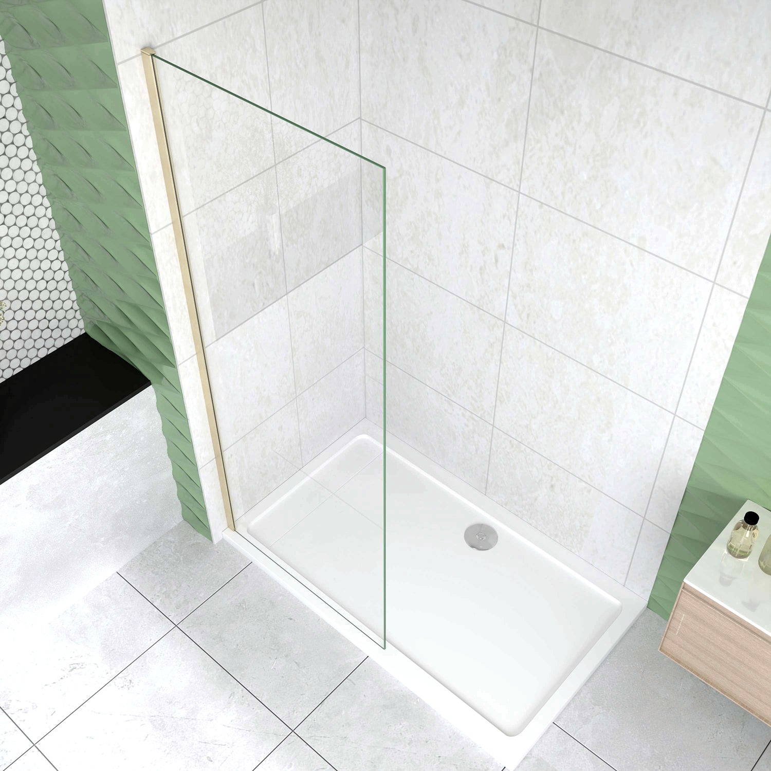 Box Doccia Walk In 40-50-60-70-80-85-90-100-110-120x200 cm Parete Fissa Vetro 8/10 mm Trasparente Anticalcare Oro Spazzolato