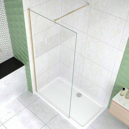 Box Doccia Walk In 40-50-60-70-80-85-90-100-110-120x200 cm Parete Fissa Vetro 8/10 mm Trasparente Anticalcare Oro Spazzolato Barra Stabilizzatrice 70-120 cm