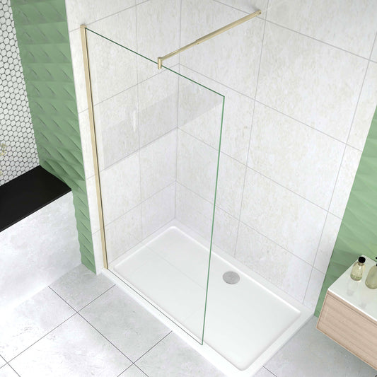 Box Doccia Walk In 40-50-60-70-80-85-90-100-110-120x200 cm Parete Fissa Vetro 8/10 mm Trasparente Anticalcare Oro Spazzolato Barra Stabilizzatrice 70-120 cm