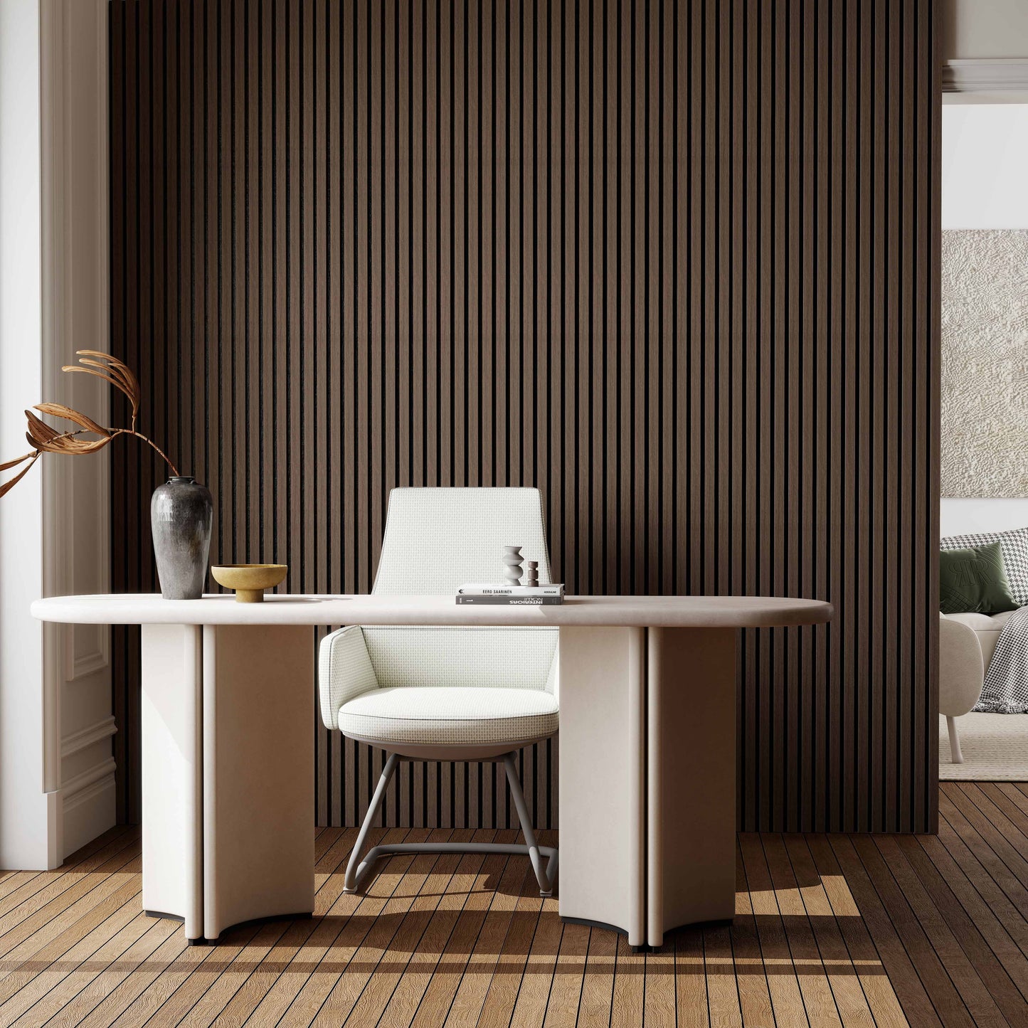 Set di 2/3 pannelli decorativi fonoassorbenti in legno MDF, 260 cm × 30 cm, Sp 21 mm, Color rovere naturale/chiaro/scuro/noce/grigio chiaro (Copy)#Color noce