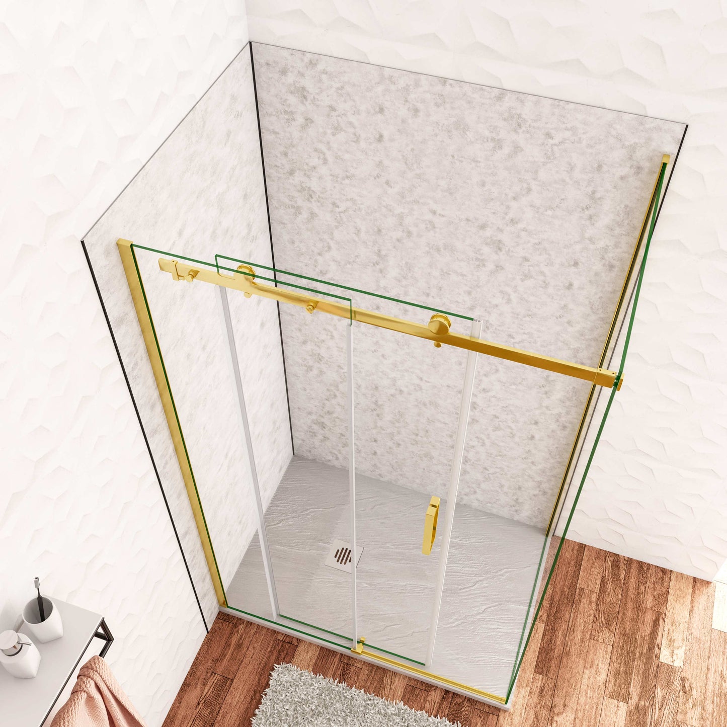 Box Doccia Angolare H.195 cm Porta Scorrevole con Parete Fissa Vetro 8 mm Temperato Anticalcare Trasparente Telaio Cromo Dorato