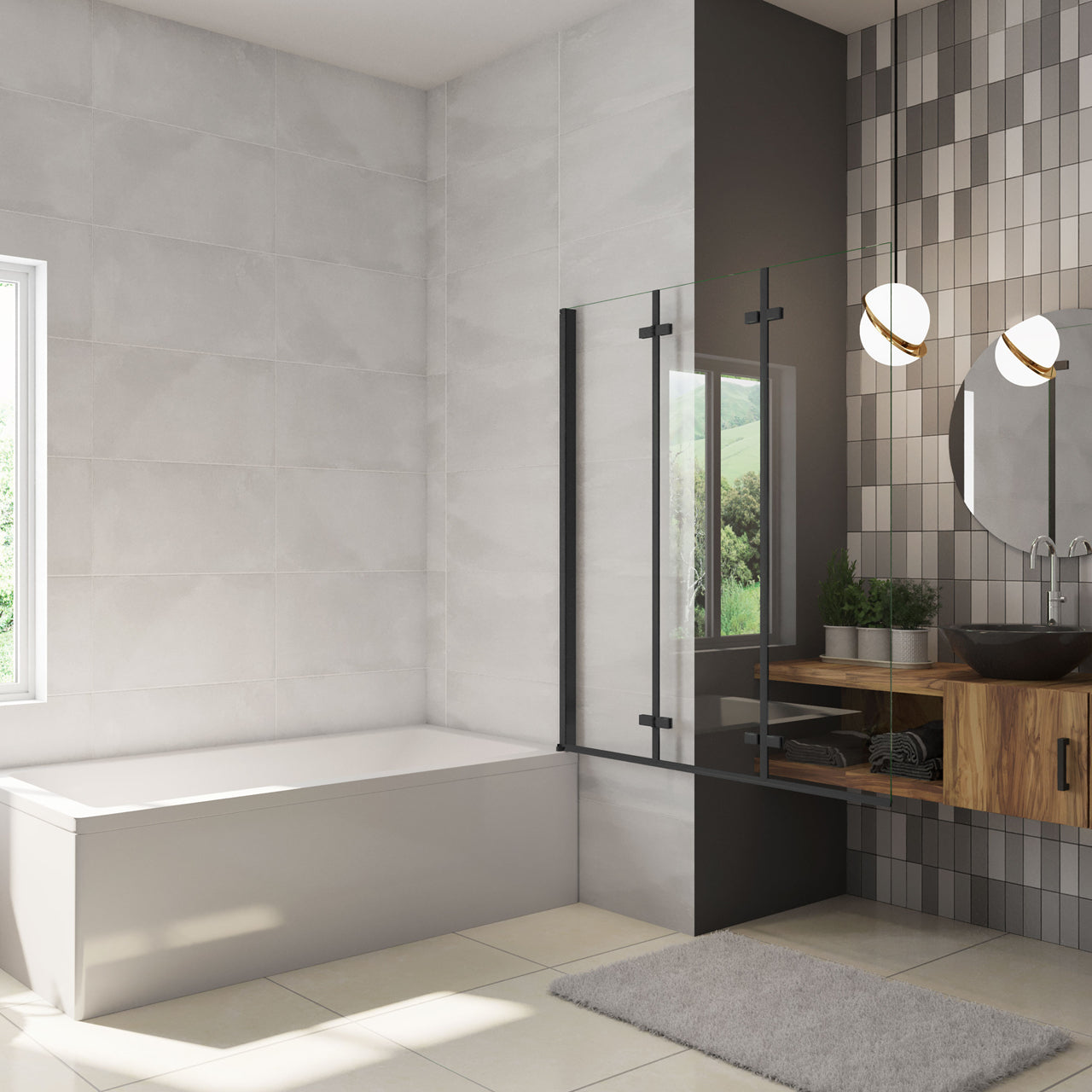 Parete Doccia Per Vasca da Bagno 130x140 cm 3 Ante Movibili Pieghevoli a Libro in Vetro Temperato 6 mm Trasparente Anticalcare Telaio Nero Opaco