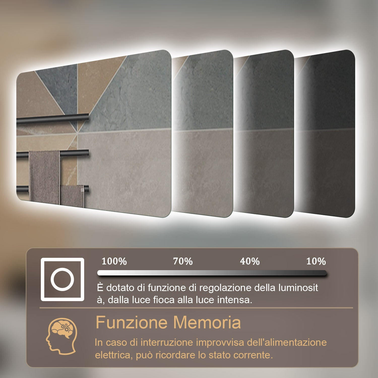 AICA 70-100 x 50-80 Specchio da bagno con LED|Rettangolare|Touch|Memoria|Dimmerabile|Retroilluminato