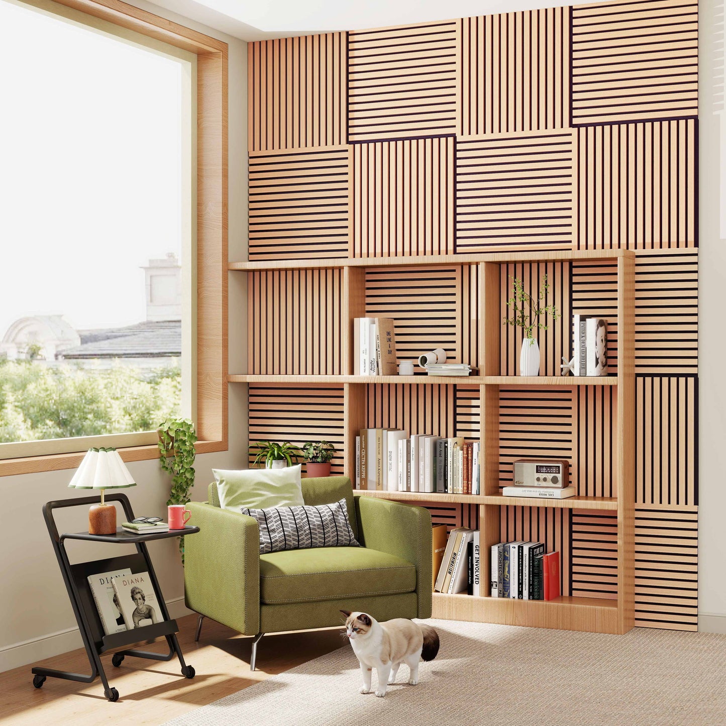 Set di 4 pannelli decorativi fonoassorbenti in legno MDF, 60 cm × 60 cm, Sp 21 mm, Color rovere chiaro/scuro#Color rovere scuro