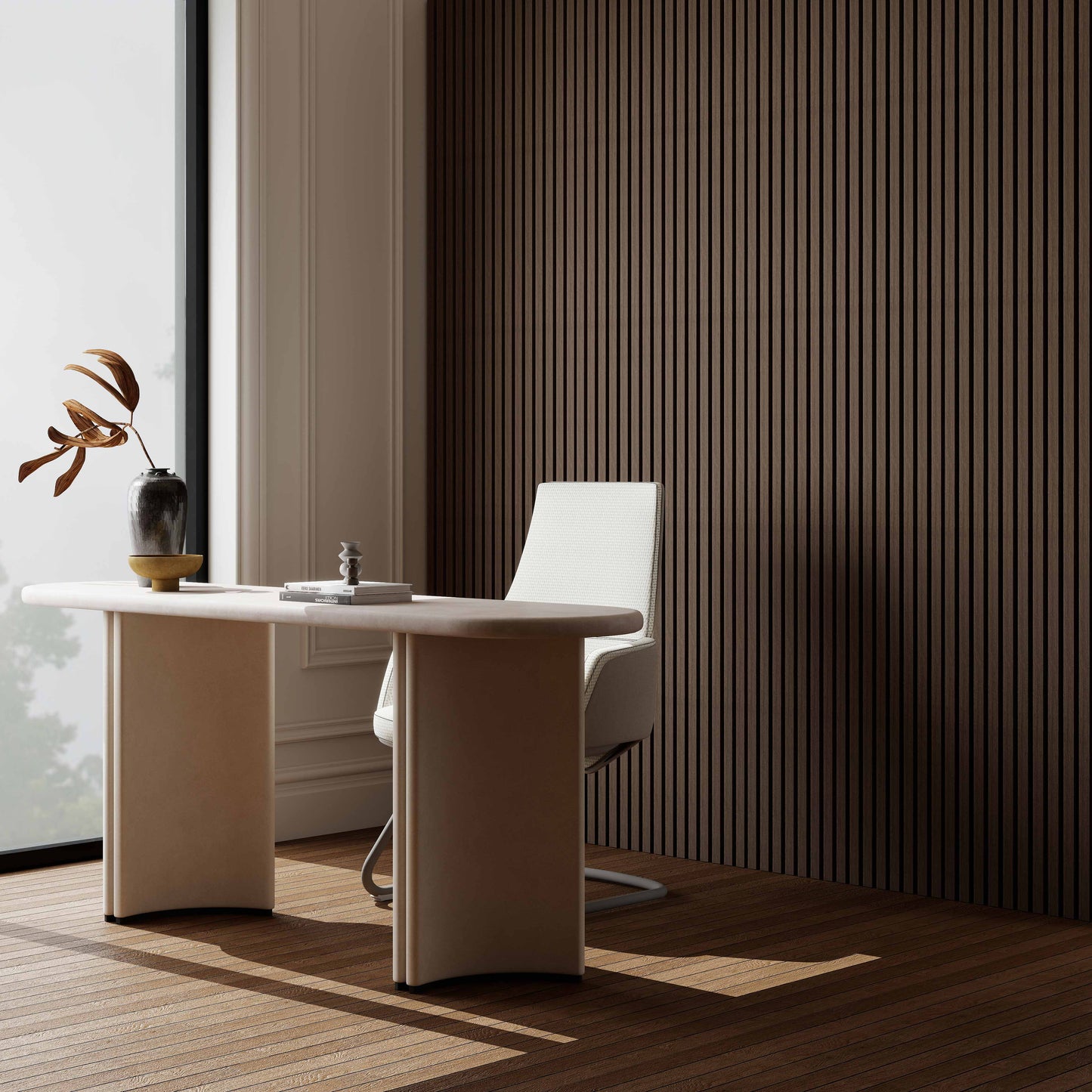 Set di 2/3 pannelli decorativi fonoassorbenti in legno MDF, 260 cm × 30 cm, Sp 21 mm, Color rovere naturale/chiaro/scuro/noce/grigio chiaro (Copy)#Color noce