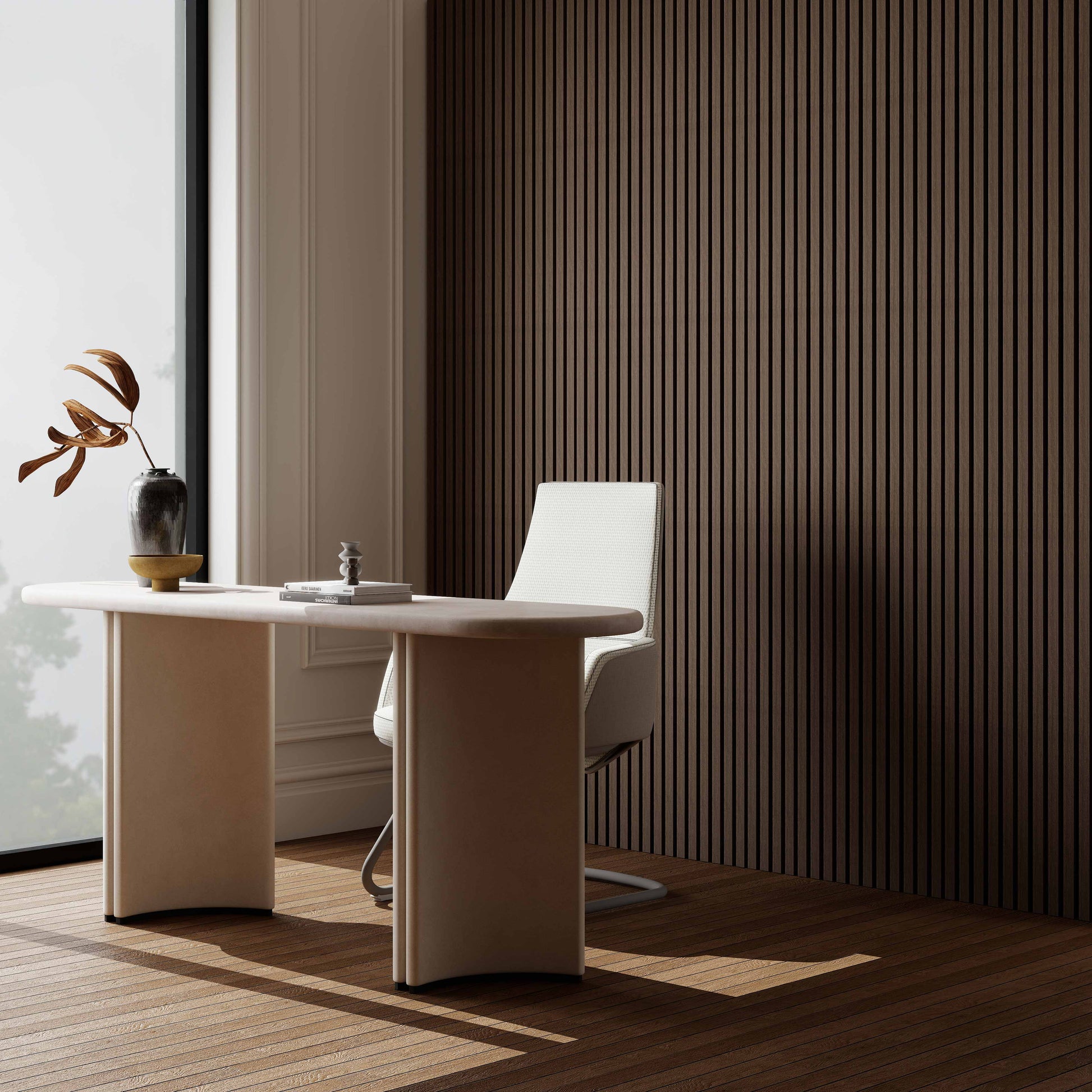 Set di 2/3 pannelli decorativi fonoassorbenti in legno MDF, 260 cm × 30 cm, Sp 21 mm, Color rovere naturale/chiaro/scuro/noce/grigio chiaro (Copy)#Color noce