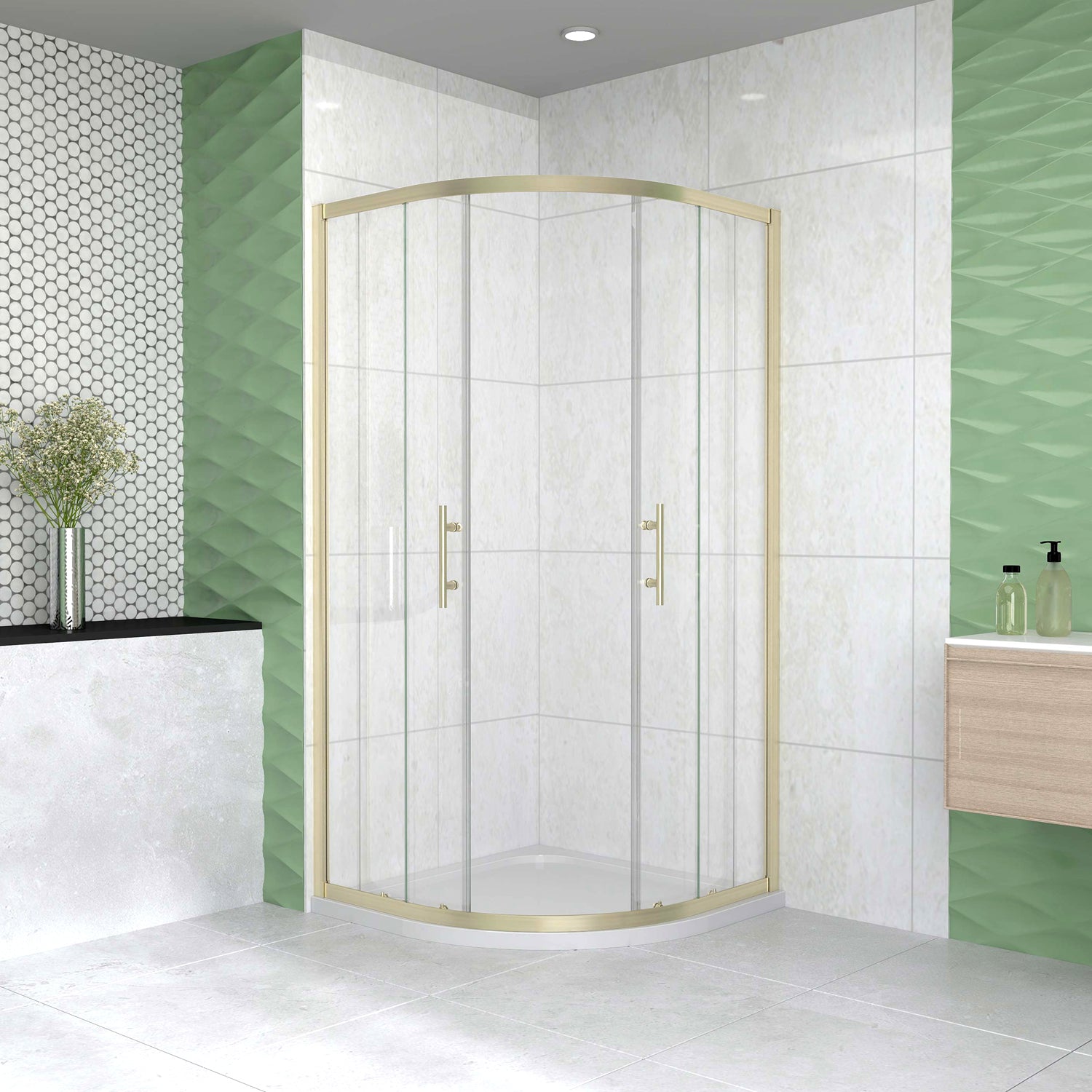 Box Doccia Semicircolare 80-90X80-90 cm H.190 Oro Spazzolato Porta Scorrevole Vetro 6 mm Trasparente Anticalcare, Piatto Doccia Bianco