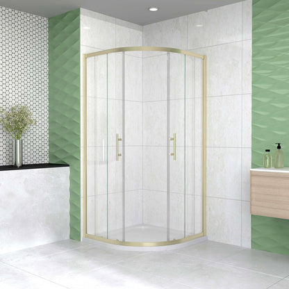 Box Doccia Semicircolare 80-90X80-90 cm H.190 Oro Spazzolato Porta Scorrevole Vetro 6 mm Trasparente Anticalcare, Piatto Doccia Bianco