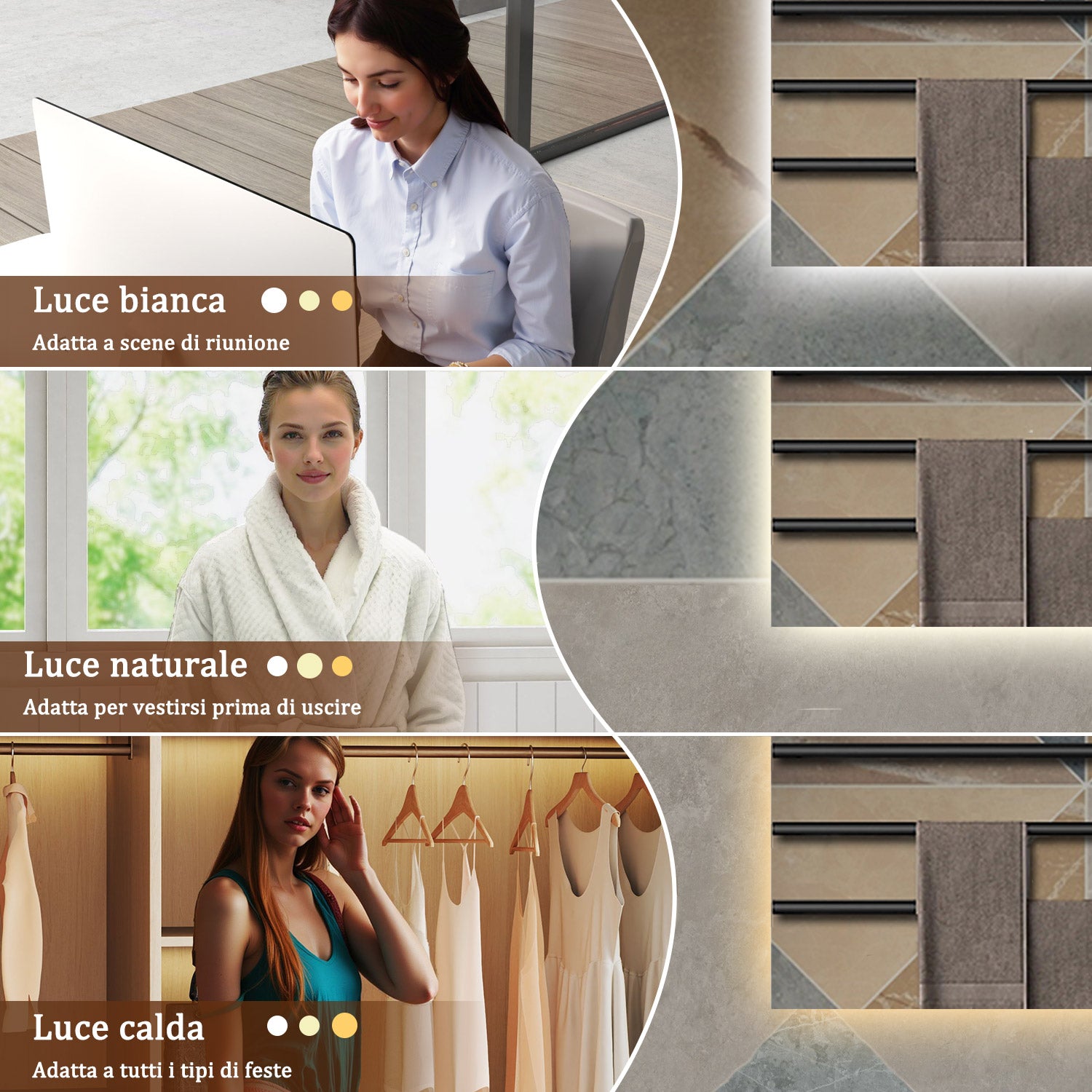 AICA 80-120x 60-70 Specchio da bagno con LED|Rettangolare|Touch|Memoria|Dimmerabile con 3 Colore Regolabile|Retroilluminato