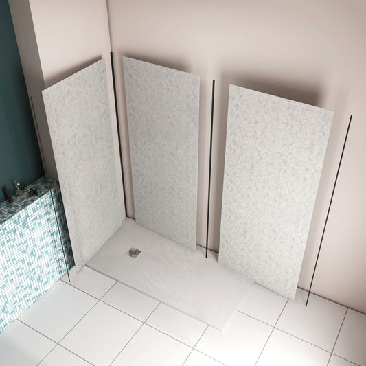 Pannello doccia angolare H.210 cm, disponibile in più misure, realizzato in alluminio da 3 mm con finitura grigio cemento, adatto per l'arredo delle pareti del bagno