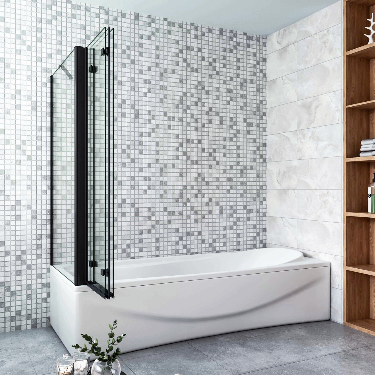 Parete Doccia Per Vasca con Lato Fisso 130x65 cm H.140 cm 3 Ante Movibili Pieghevoli a Libro in Vetro Temperato 6 mm Trasparente Anticalcare Telaio Nero Opaco