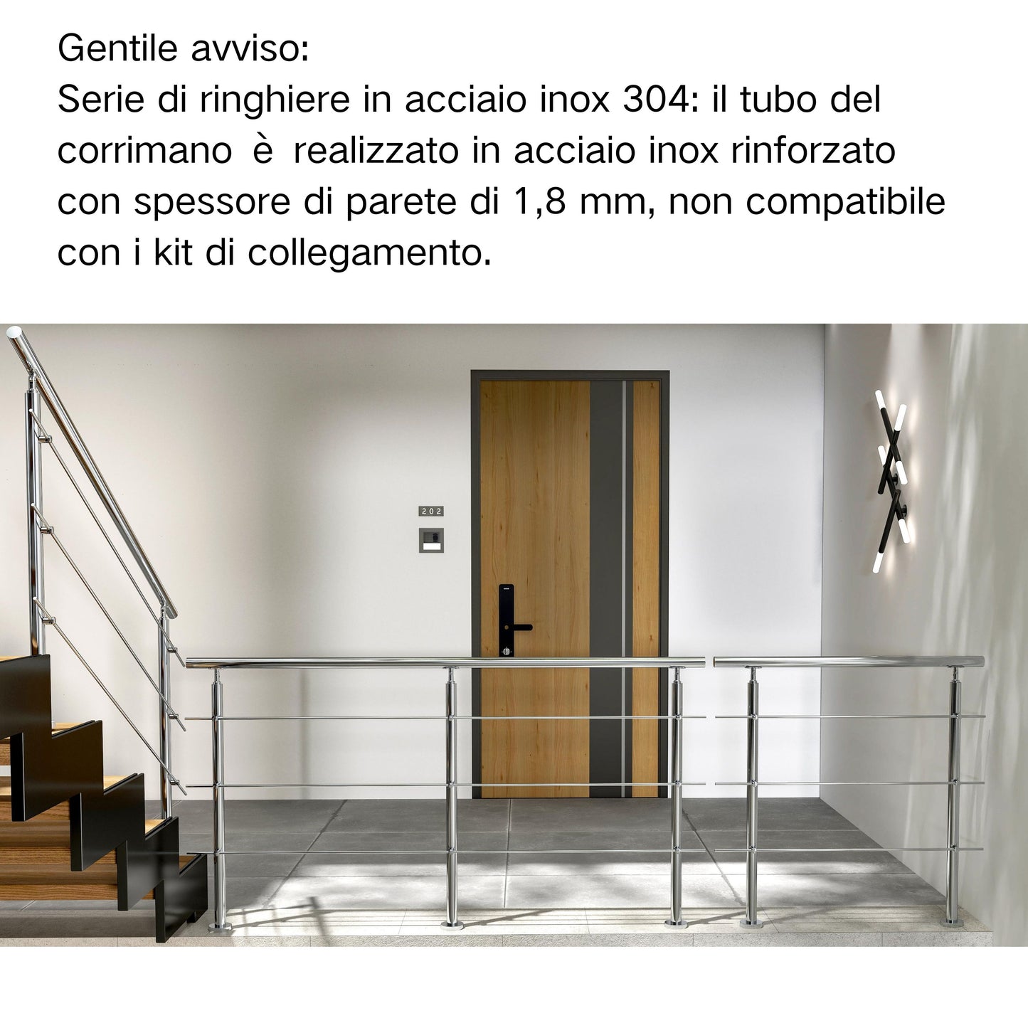 Balaustra Ringhiera Corrimano in acciaio inox 304 spazzolato 3 barre trasversali