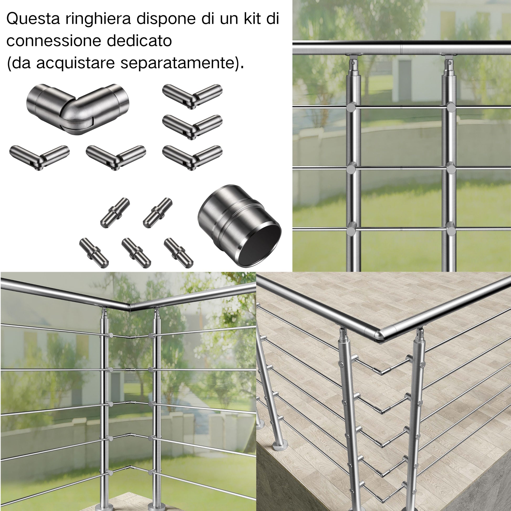 Ringhiera universale in acciaio inox 80-100-120-150-180-200-220-240 cm con 5 barre trasversali