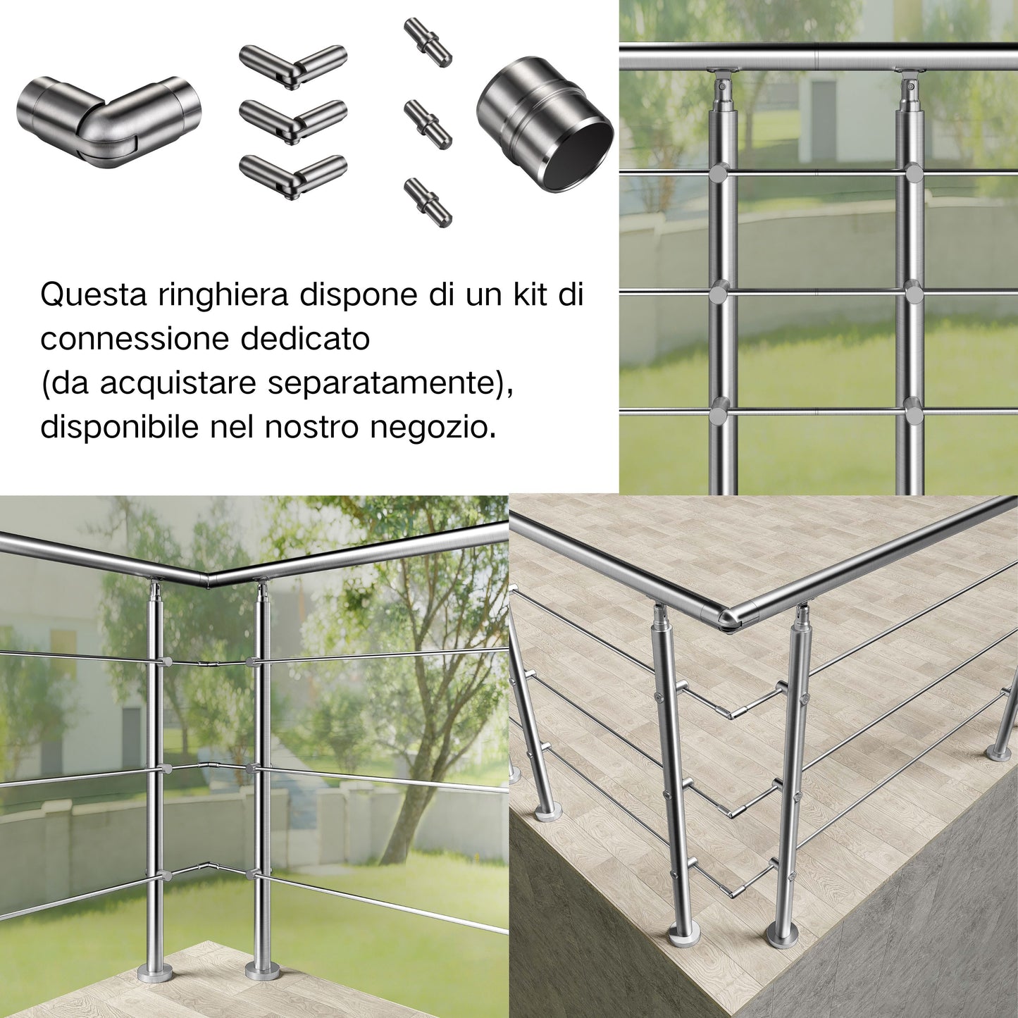 Ringhiera universale in acciaio inox 80-100-120-150-180-200-220-240 cm con 3 barre trasversali