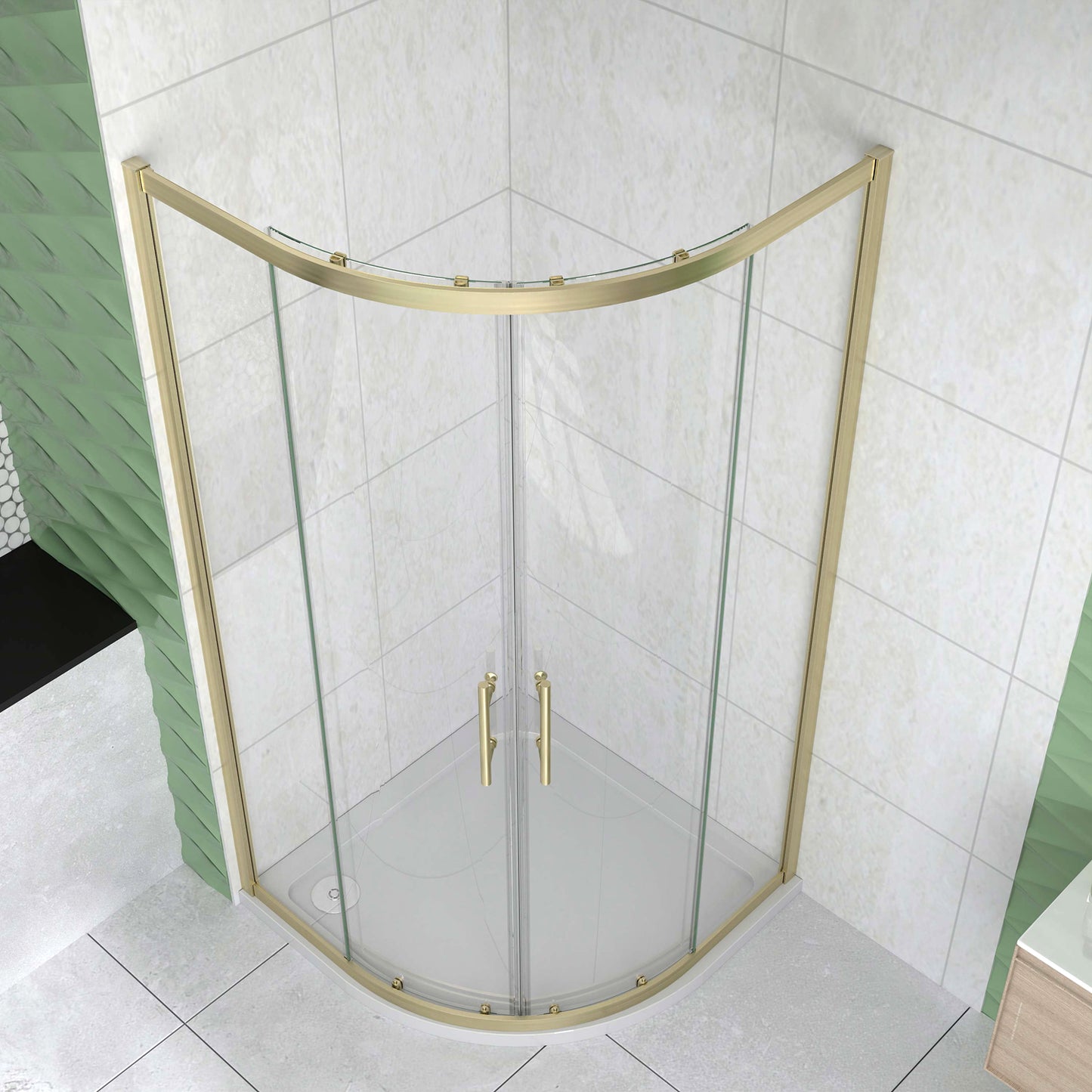 Box Doccia Semicircolare 80-90X80-90 cm H.190 Oro Spazzolato Porta Scorrevole Vetro 6 mm Trasparente Anticalcare, Piatto Doccia Bianco