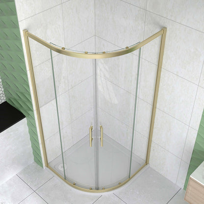 Box Doccia Semicircolare 80-90X80-90 cm H.190 Oro Spazzolato Porta Scorrevole Vetro 6 mm Trasparente Anticalcare, Piatto Doccia Bianco